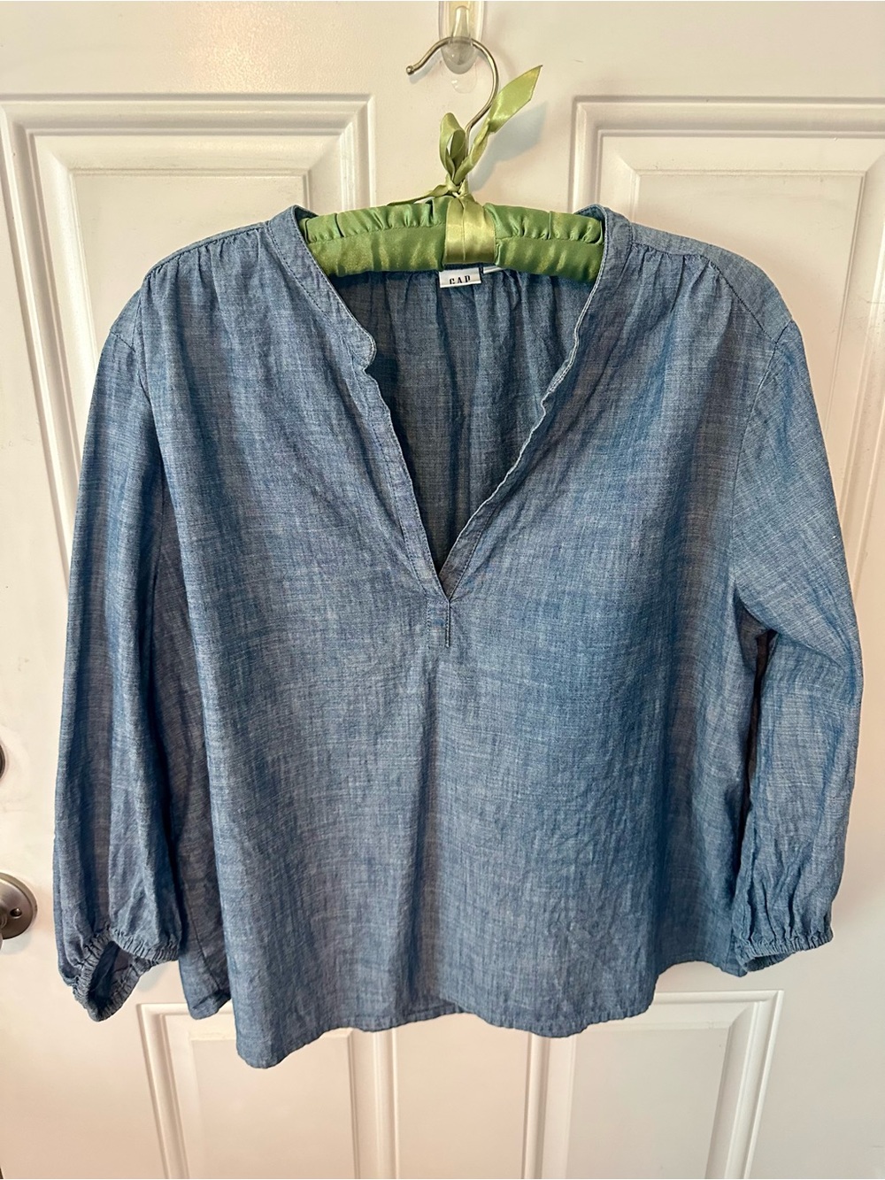 GAP Chambray Blue Split-Neck Peasant Blouse